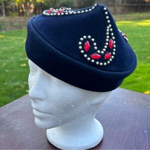 Vintage Velvet Felt Navy Blue Beret Cap Hat Pillbox Hat Red Rhinestones Pearls